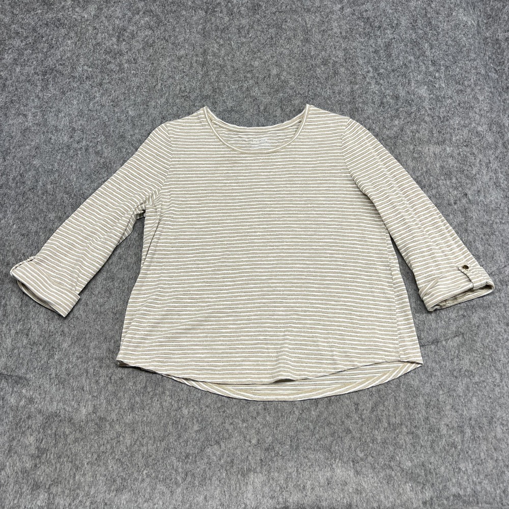 Chicos Shirt Womens Large 2 Beige White Striped Metallic The Ultimate Tee 3/4